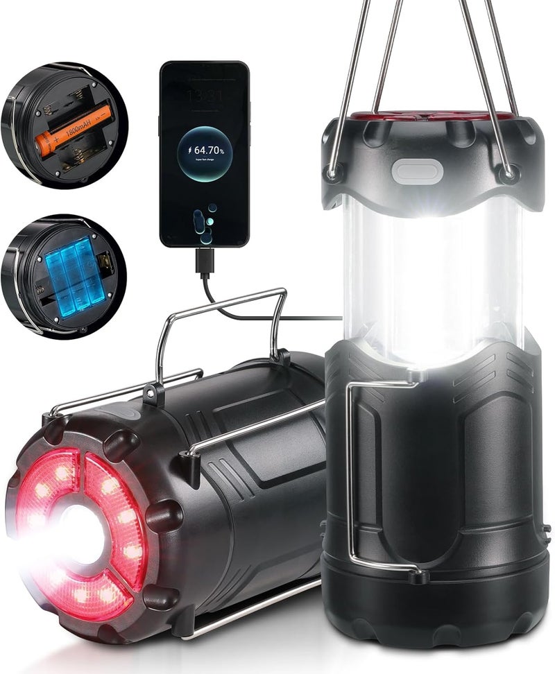 Consciot 2 Pack Collapsible LED Camping Lantern, USB C Rechargeable and Battery Powered 2-in-1 Emergency Light with Flashlight and Magnetic Base, Power Outages Hurricane Supplies Survival Kits,Black - Image 1